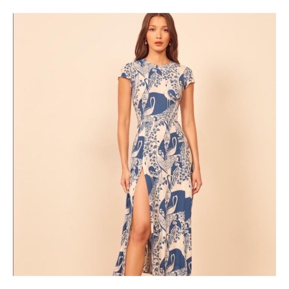 Reformation Blue and Cream Printed Midi Dress